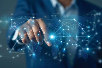 Businessman using global network icons for data transfer and financial graphs in digital marketing