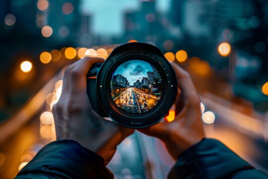 Vibrant cityscape reflections with nikon d850 using high res lens for enhanced urban lights