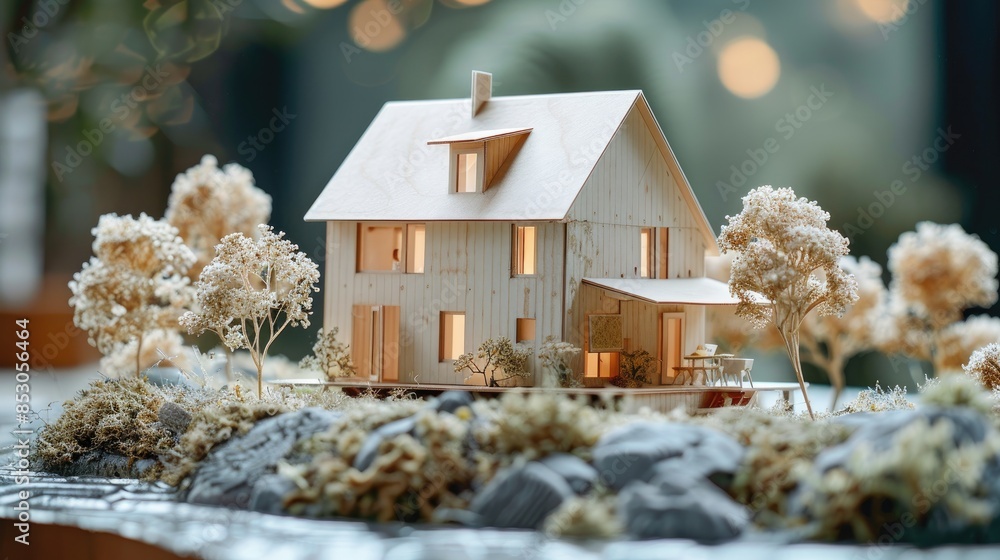 Poster architectural model of a rustic wooden house with illuminated windows, set in a natural landscape wi