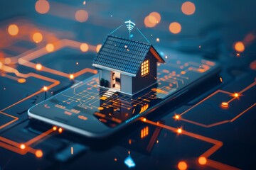 Smart home concept  mini house on phone with wireless connections and electronic icons for iot