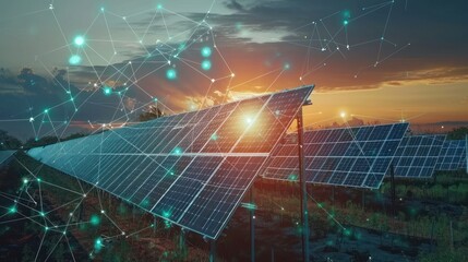 Solar Panel Field at Sunset with Network Overlay