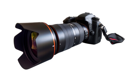 A camera lens with a red and orange band around it