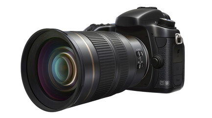 A black camera with a lens and a strap