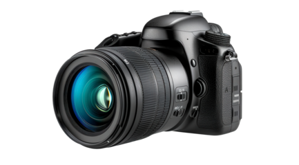 A black camera with a blue lens