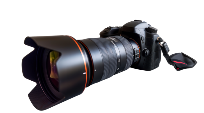 A camera lens with a red and orange band around it