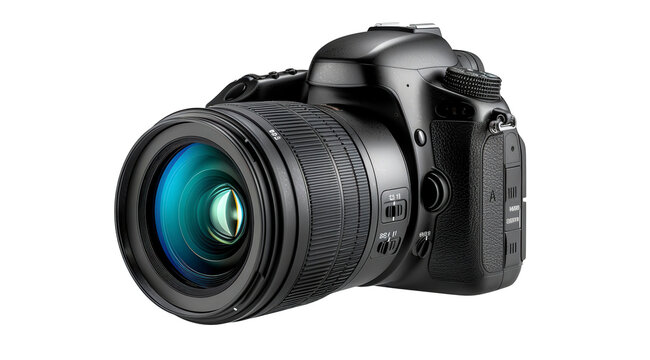 A black camera with a blue lens