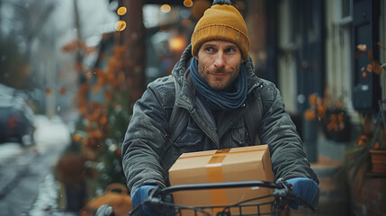 A man in a yellow hat delivers a package on his bicycle in the snow. Generated by AI.