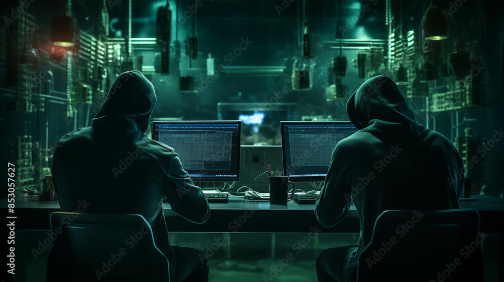 Poster group of hackers engaged in cyber activities with multiple screens in a dark room