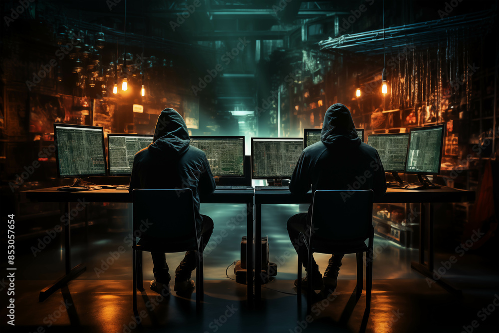 Poster group of hackers engaged in cyber activities with multiple screens in a dark room