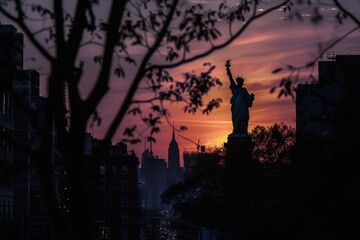 Fototapeta premium Iconic statue of liberty at sunset with manhattan skyline in high quality image, new york city, usa