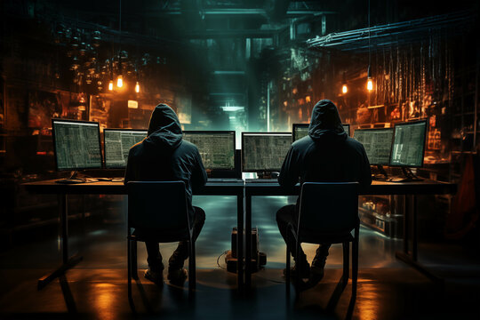 Group of Hackers Engaged in Cyber Activities with Multiple Screens in a Dark Room