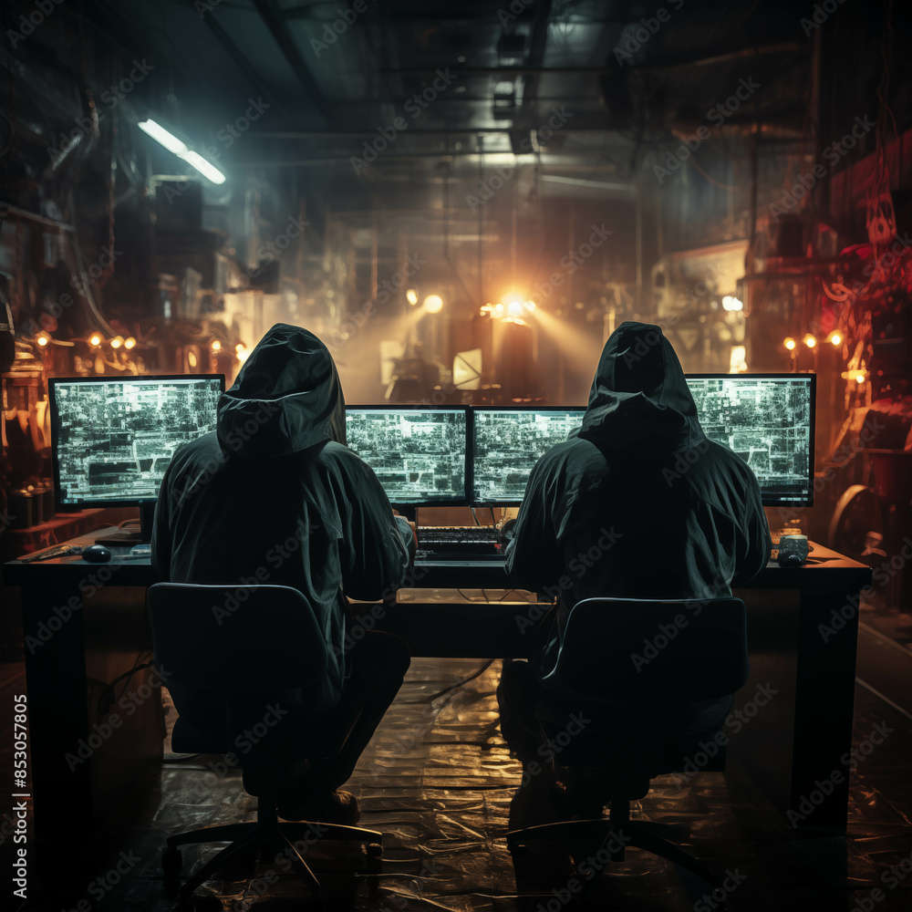 Poster group of hackers engaged in cyber activities with multiple screens in a dark room