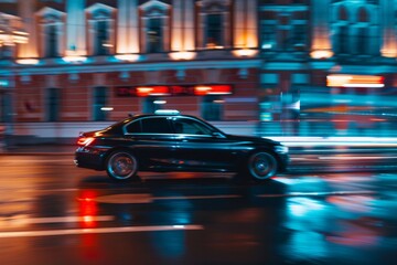 Fototapeta premium Dynamic night drive high quality image of fast car in urban setting with slow shutter speed