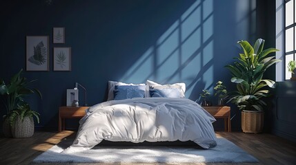 Mockup Of An Empty Dark Blue Wall In A Modern And Cozy Bedroom, Inviting Personalization And Creativity, High Quality, HD