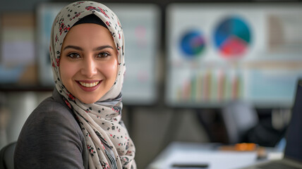 Professional Hijabi Analyst Confidently Posing in a Workspace Setting

