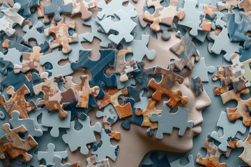 Silhouette of head with adhd concept, puzzle pieces symbolizing mental health challenges