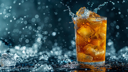 Long Island Iced Tea cocktail decorated with citrus on dark background with splash