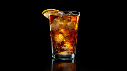 Long Island Iced Tea cocktail decorated with orange wedges on dark background