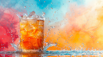 Refreshing Long Island Iced Tea cocktail with splash on multi-colored background