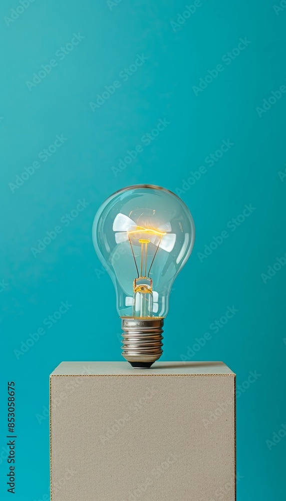Poster glowing light bulb positioned on block with ample space for text on plain colored background