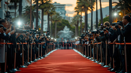 Obraz premium Red carpet on movie festival, a lot of public and press