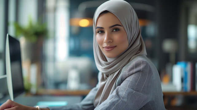 Confident Hijabi Analyst Posing in Professional Workspace, Marketing Role
