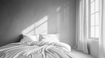 Panoramic perspective, minimalist cooling pillow in a sleek modern bedroom, high contrast black and white, serene and inviting atmosphere, digital oil painting