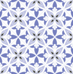 Tile pattern. Ceramic tiles. Vintage tiled. Seamless pattern, texture. wallpaper decor. Blue and white background for your design. Floor ornament. Pottery folk print. Abstract floral endless. Vector