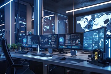 Cutting edge office featuring ai technology and futuristic design elements for a modern workspace