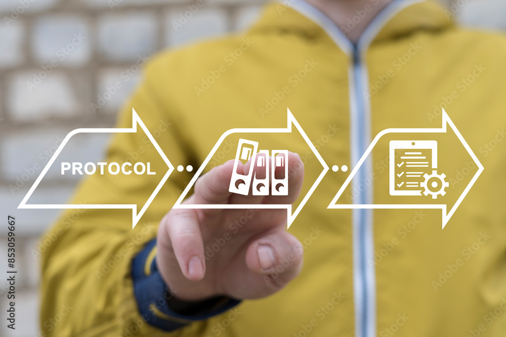 Poster businessman using virtual interface sees word: protocol. protocol business concept. protocols proced