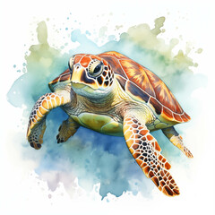 Fototapeta premium Vibrant Sea Turtle Swimming in the Ocean with a Beautiful Splash of Colors in the Background