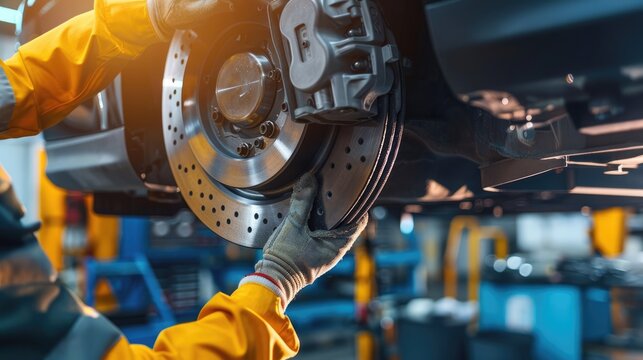 Installing brake pads on the front of a car by a automotive technician