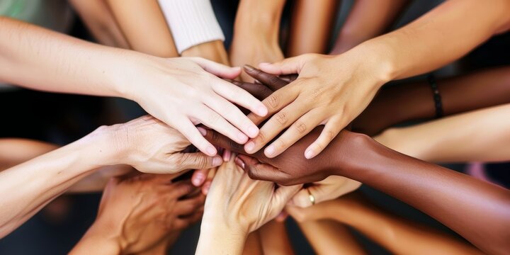 Close-up of diverse female hands piled together in unity 
