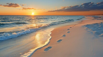 Empty Beach with Footprints: A serene image of an empty beach early in the morning, with only a set of footprints leading down the shoreline, evoking a sense of peace and solitude.