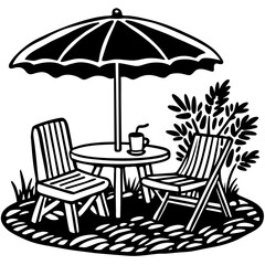 scene-of-chair-with-coffee-table-and-umbrella-near