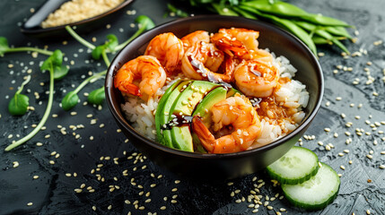 Shrimp poke bowl rice avocado soy sauce and sesame on a black stone table