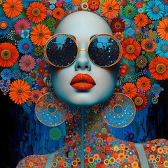 illustration of a flower power woman with sunglasses surrounded by flowers in the style of the 60s