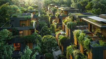 A lush, green urban residential area with buildings covered in vegetation, showcasing innovative sustainable architecture and eco-friendly living.