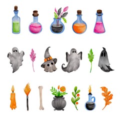Halloween watercolor set. Set with watercolor elements for cards, backgrounds, presentations, banners. Autumn holiday set