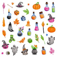Halloween watercolor set. Set with watercolor elements for cards, backgrounds, presentations, banners. Autumn holiday set