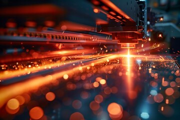 Automatic welding robot in a modern factory in operation. Arc welding robot. Example of working with red laser pointer