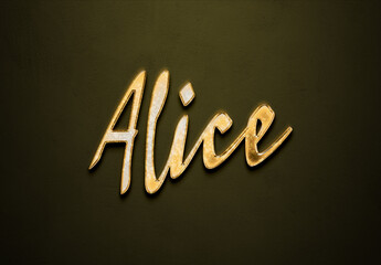 Old gold text effect of name Alice with 3D glossy style Mockup.
