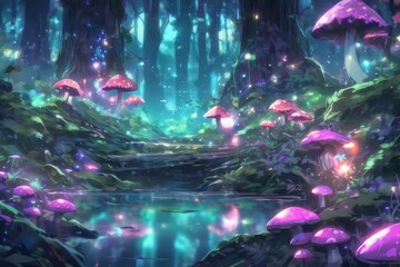 An enchanting anime-style illustration of a forest path adorned with glowing fungi, casting a magical light in the mystical woods.