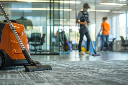 Professional cleaners vacuuming spacious office while employees work in the background