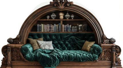 Panoramic view of a serene reading nook, classic decor, plush velvet headrest in emerald green, intricately carved wooden frame, soft daylight streaming in, watercolor painting style.