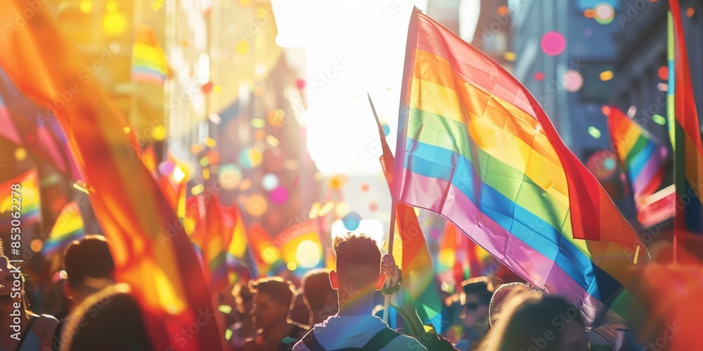 Wall mural a gay pride festival in a city square with a rainbow flag and people. an outdoor party of the lgbtq 