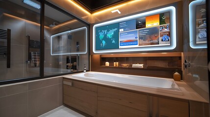 luxury bathroom with a smart mirror that offers news updates