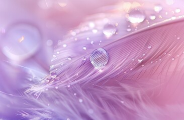 A delicate feather with water droplets on a pink background with soft lighting, captured with a macro lens and blurred focus on the feathers and drops of dew, creating an ethereal atmosphere