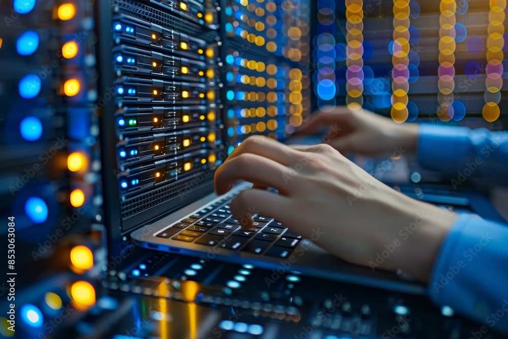 Aufkleber computer engineer in server room with data center background, digital technology focus