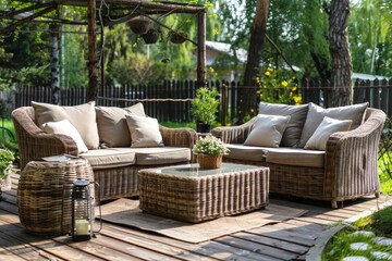 Fototapeta premium Luxurious rattan patio furniture set on wooden deck in a sunny garden outdoor living concept